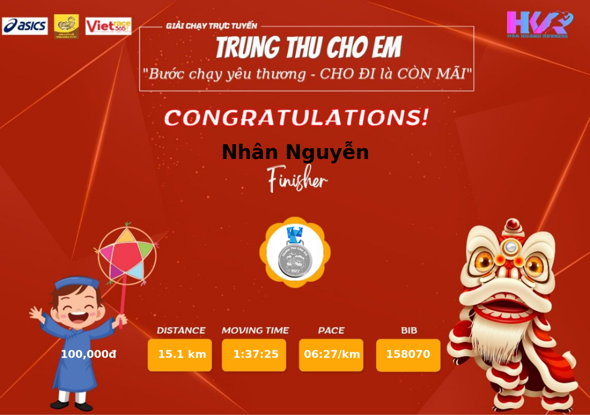 Chúc Mừng Nhân Nguyễn đã Hoàn Thành Cự Ly 1508km Trung Thu Cho Em Vietrace365 Tổ Chức Và 3446